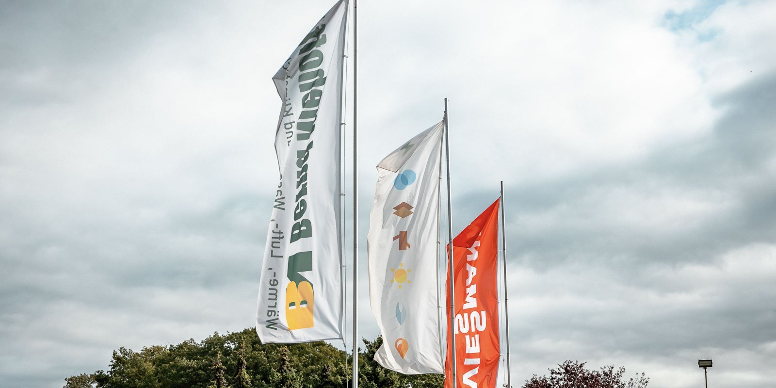 Die Fahnen, die verschiedene Designs und Farben zeigen, stehen stolz vor einer grauen Wolkenlandschaft, die eine ruhige Atmosphäre schafft.